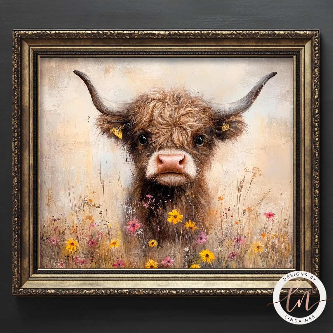 Baby Cow in Wildflowers, Vintage Farmhouse Art Print - Image 3