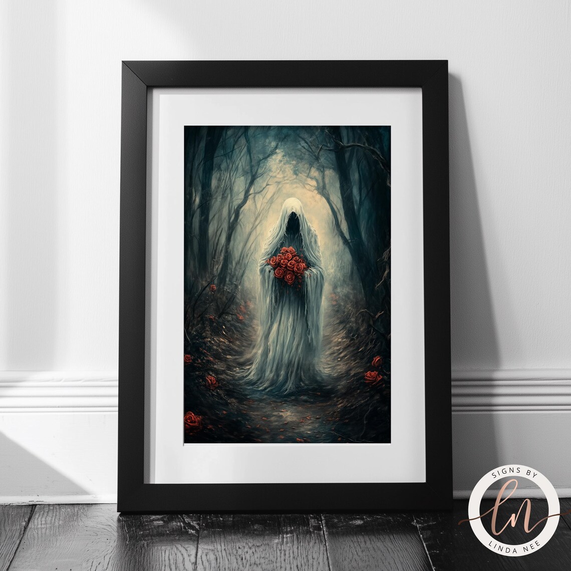 Dark Academia Ghost Holding Roses, Vintage Poster - Image 2