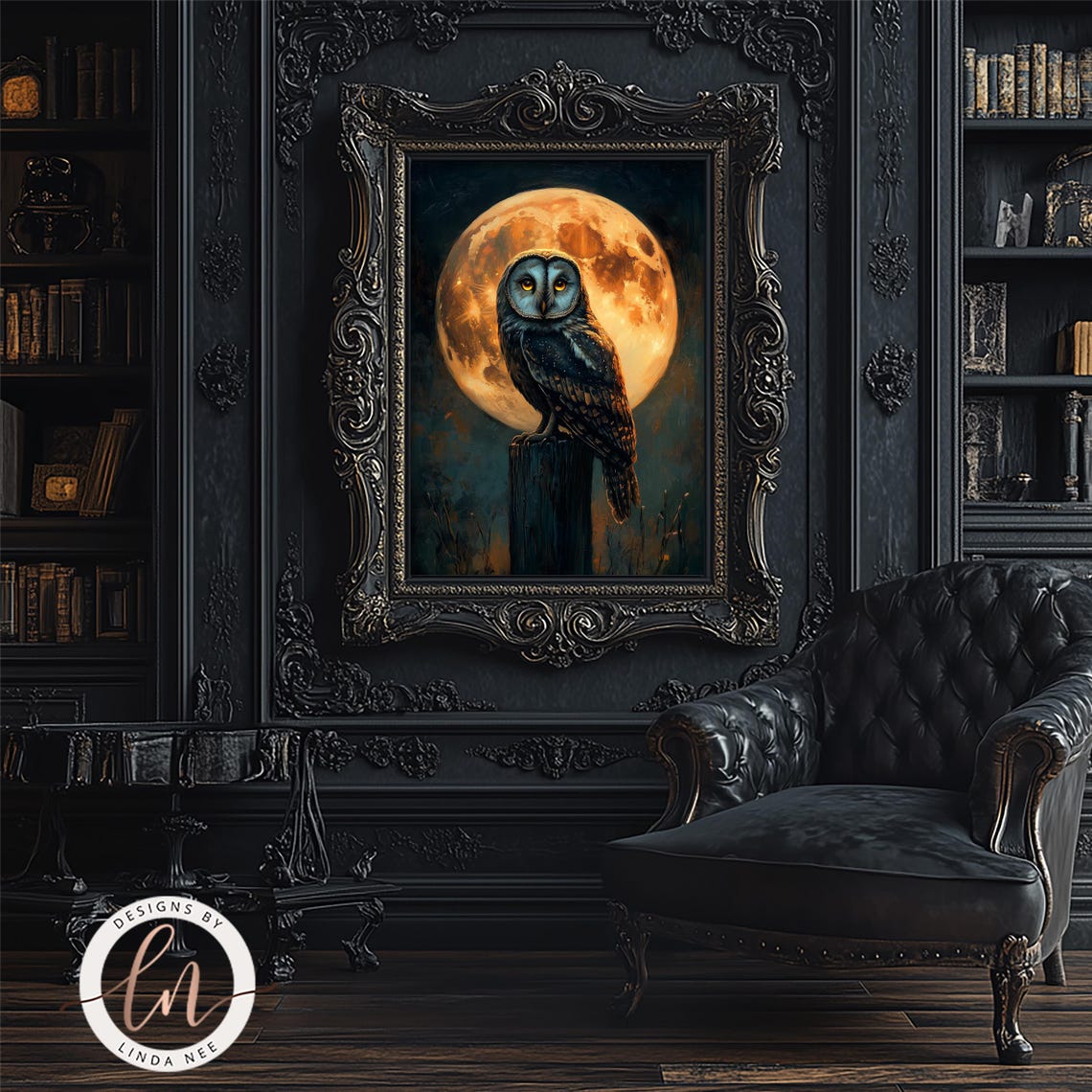 Barn Owl Full Moon Night Perch Gothic Halloween Dark Forest Art Poster - Image 4