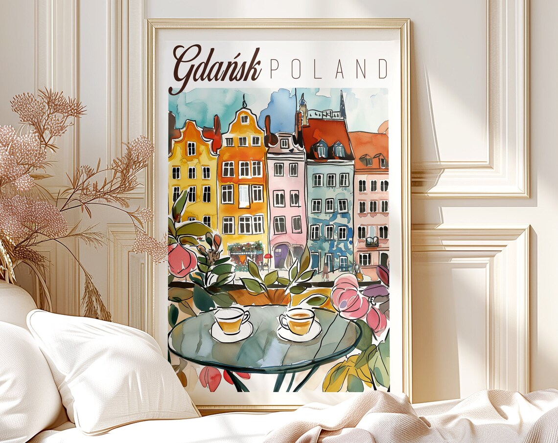 Gdansk Watercolor Travel Poster, Poland Wall Art