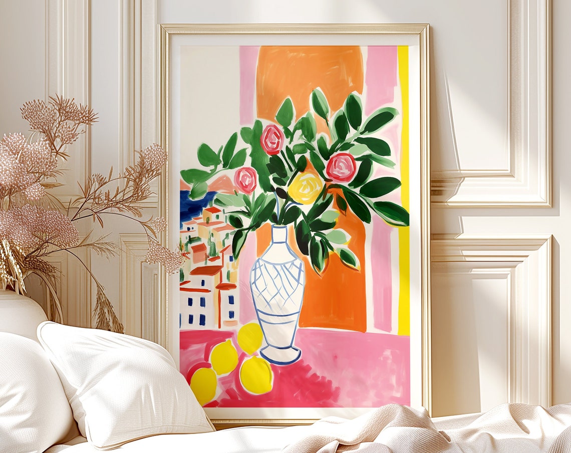Capri Italy Bouquet Of Flowers Rolled Poster Art Print Floral Lemons Colorful Watercolor Wall Decor Gift Girls Bedroomretro