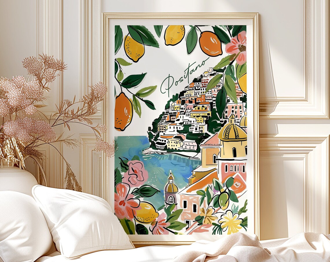Positano Italy Watercolor Amalfi Coast Lemons Flowers Travel Poster