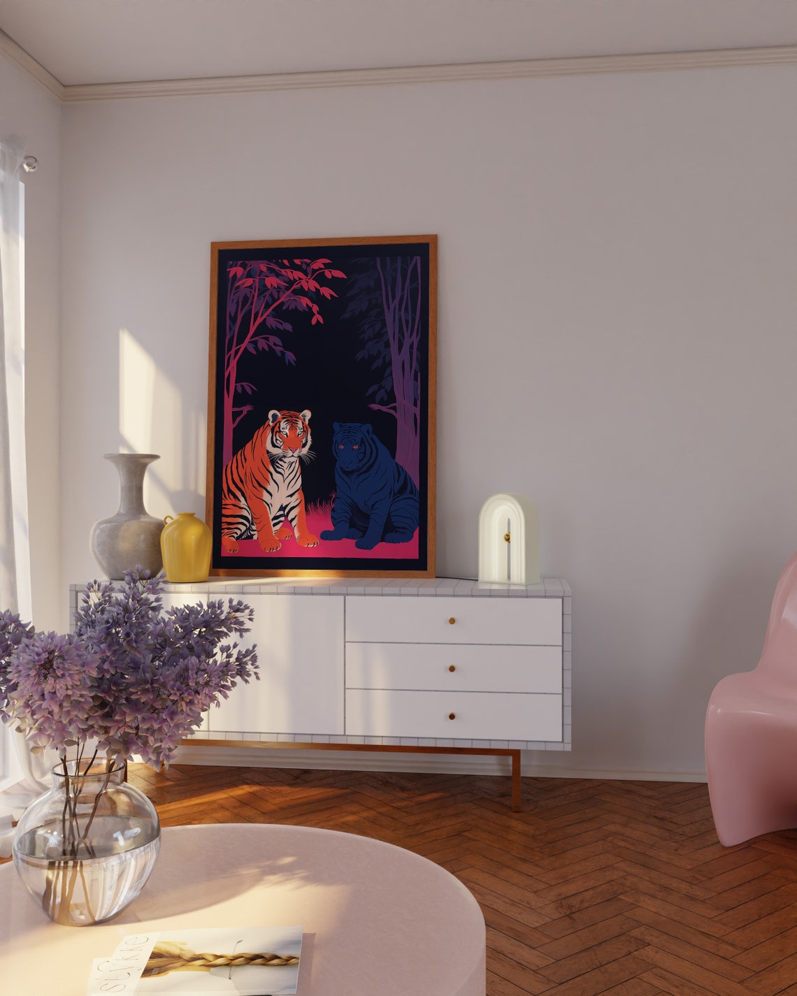 Two Tigers in a Neon Jungle Night Graphic Illustration Poster - Image 4