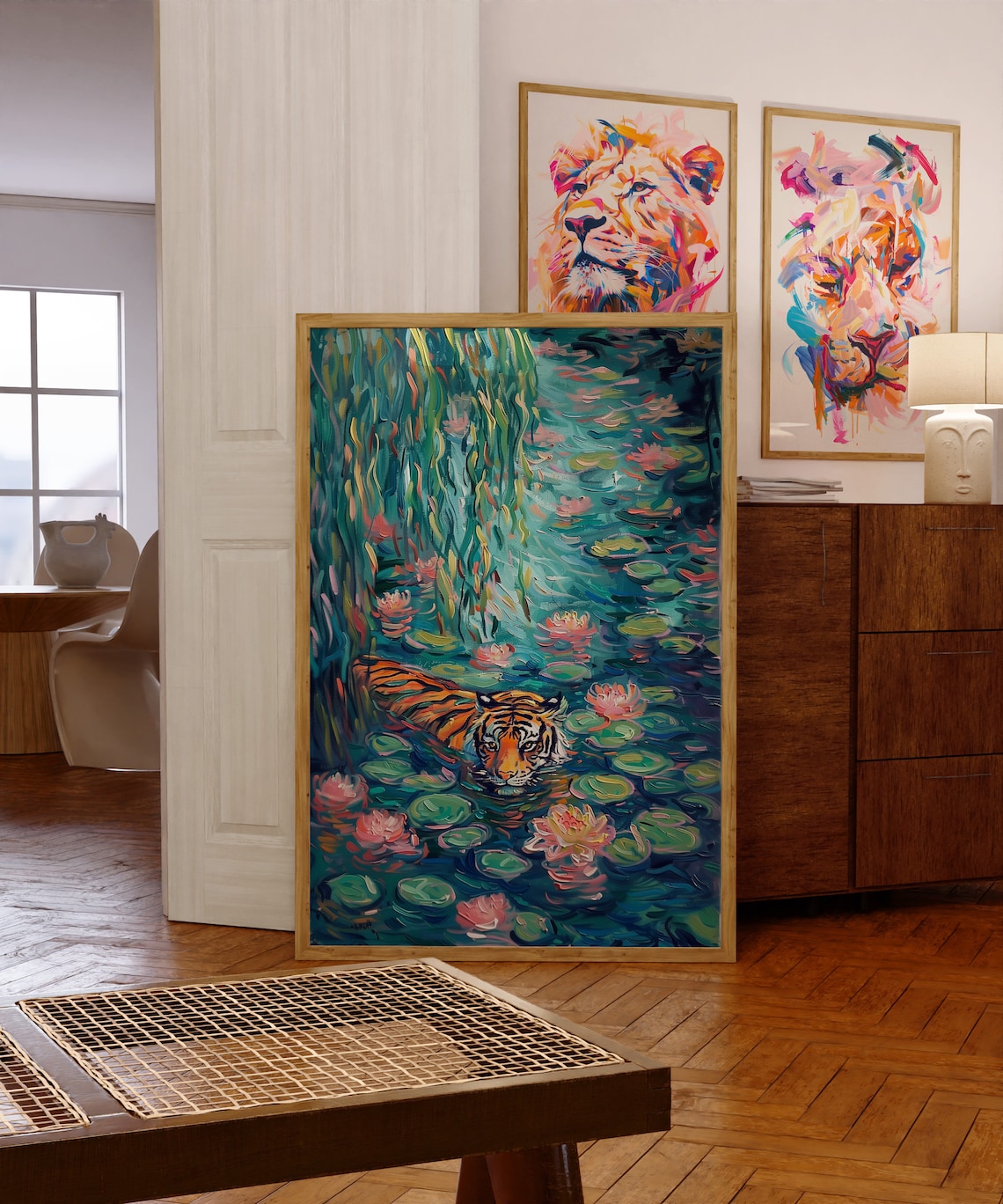 Colorful Tiger Painting, Maximalist Floral Art