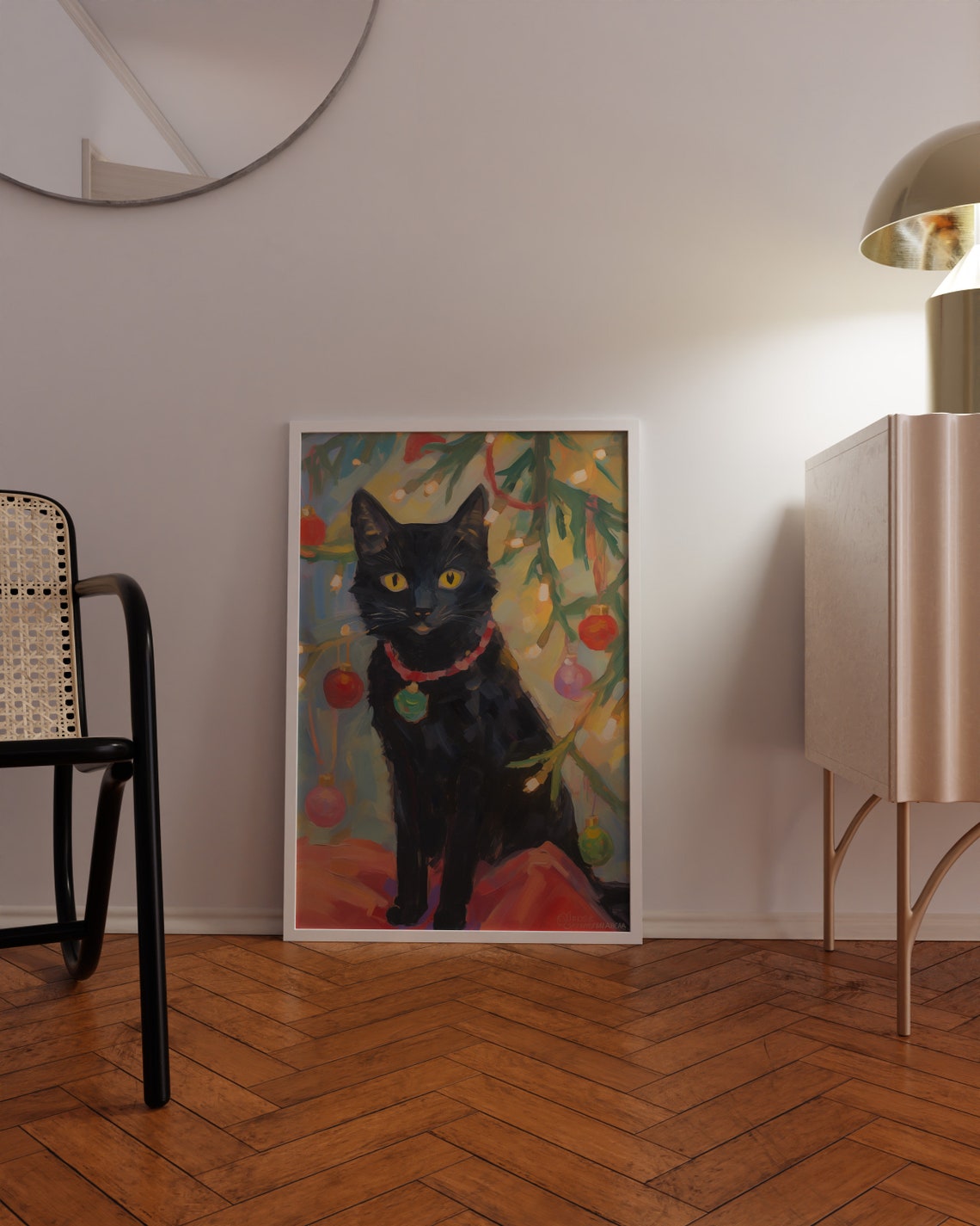 Black Cat With Red Collar Under A Christmas Tree Holiday Poster - Image 2