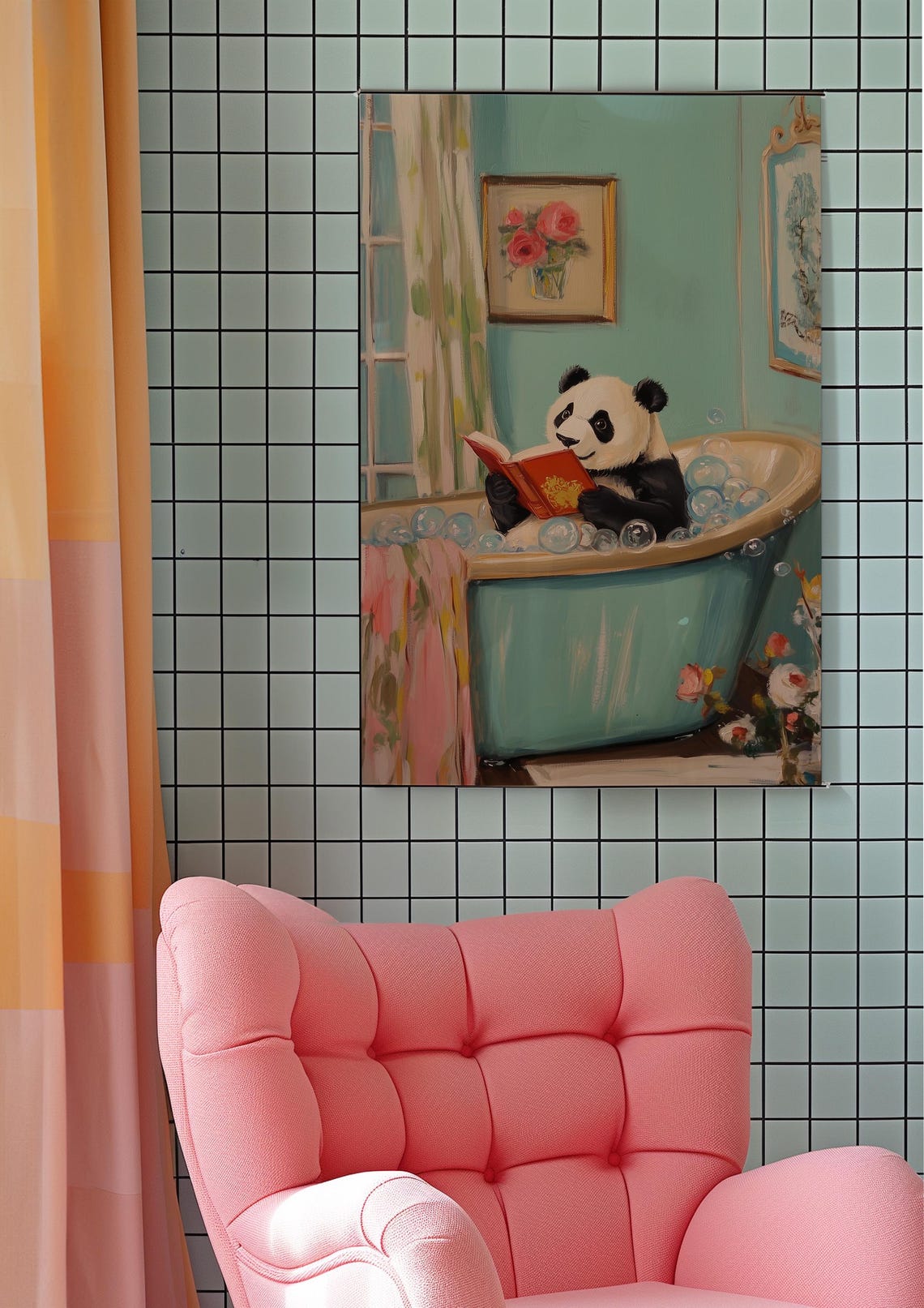 Panda Reading a Book in a Bubble Bath Funny Bathroom Art Poster