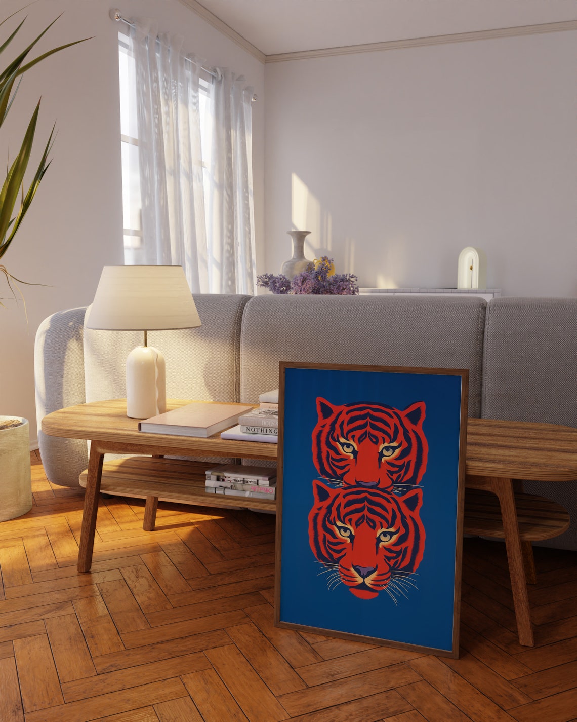 Mirrored Red Tiger Heads on Deep Blue Graphic Style Art Poster - Image 2