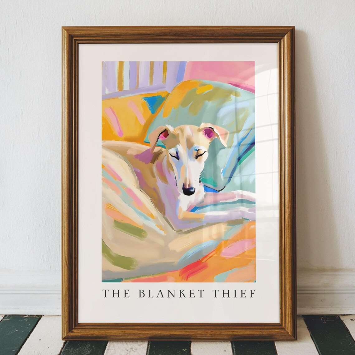 Whippet Puppy Cosy Bedtime Illustration Art Print