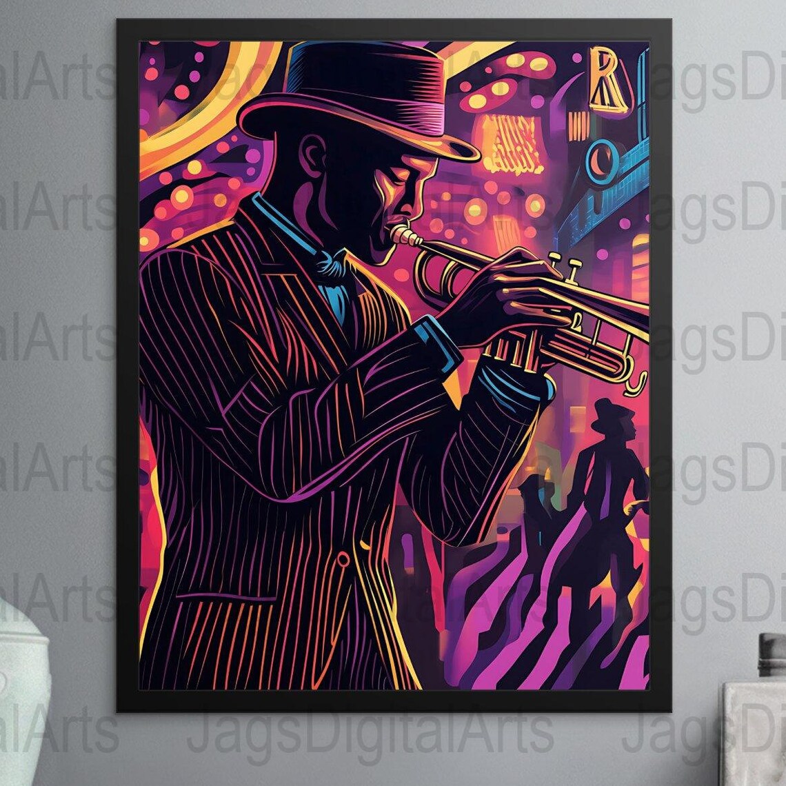 Neon Jazz Trumpeter Fedora Nightclub Retro Music Scene Art Poster - Image 6