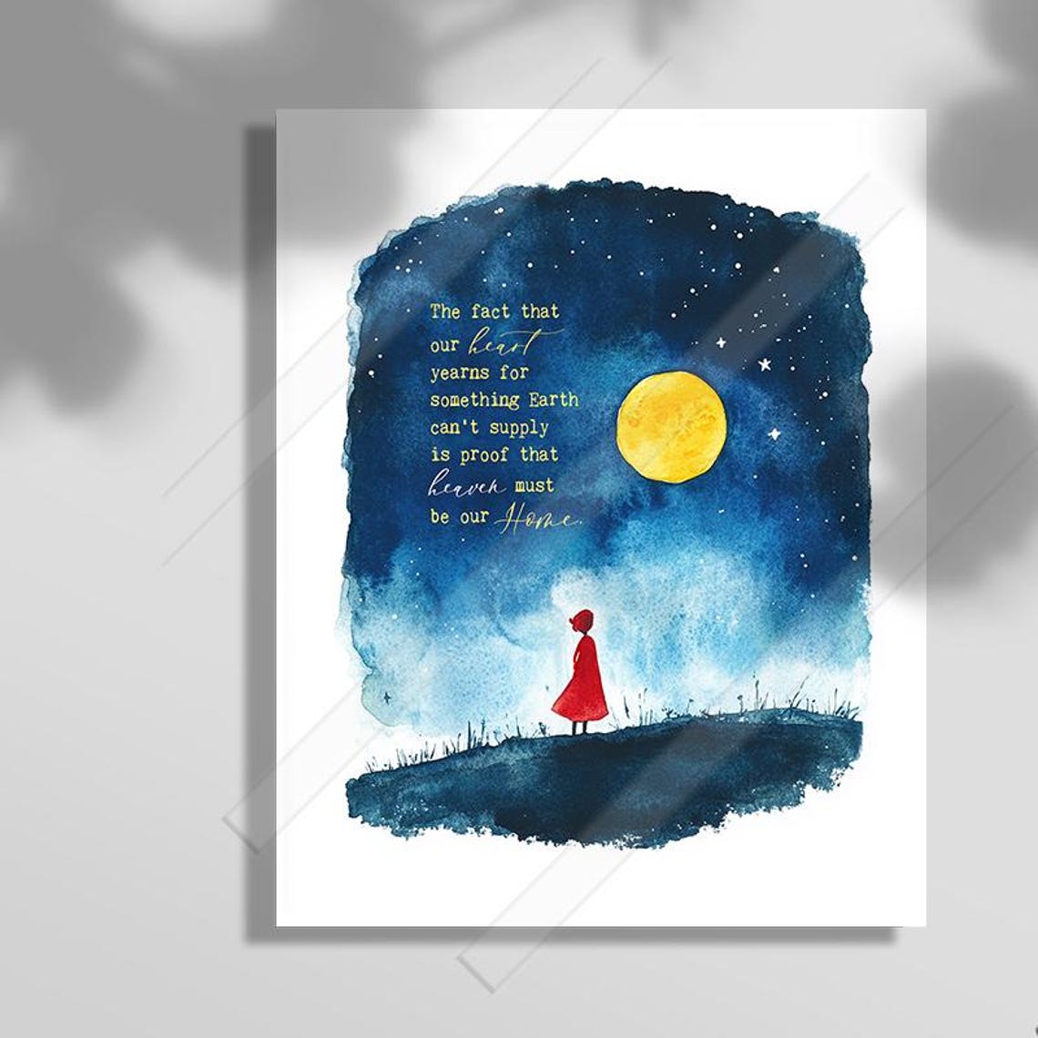 Heaven Must Be Our Home Moonlit Night Watercolor Quote Poster