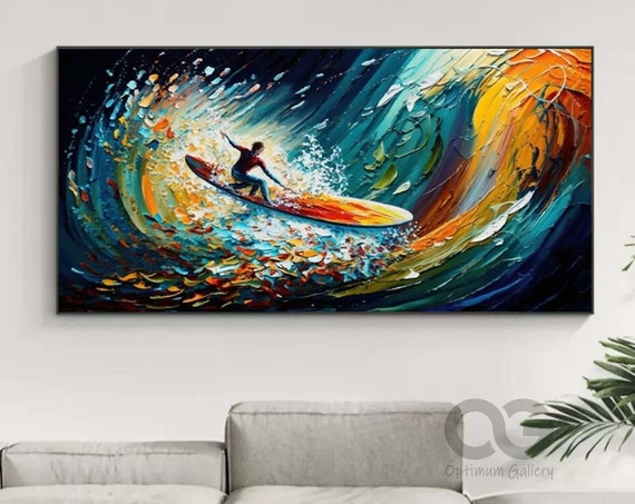 Original Surfer Painting Surfer Surf Board Artwork Large Blue Ocean Wall Art Abstract Beach Landscape Painting Acrylic For Living Room Decor