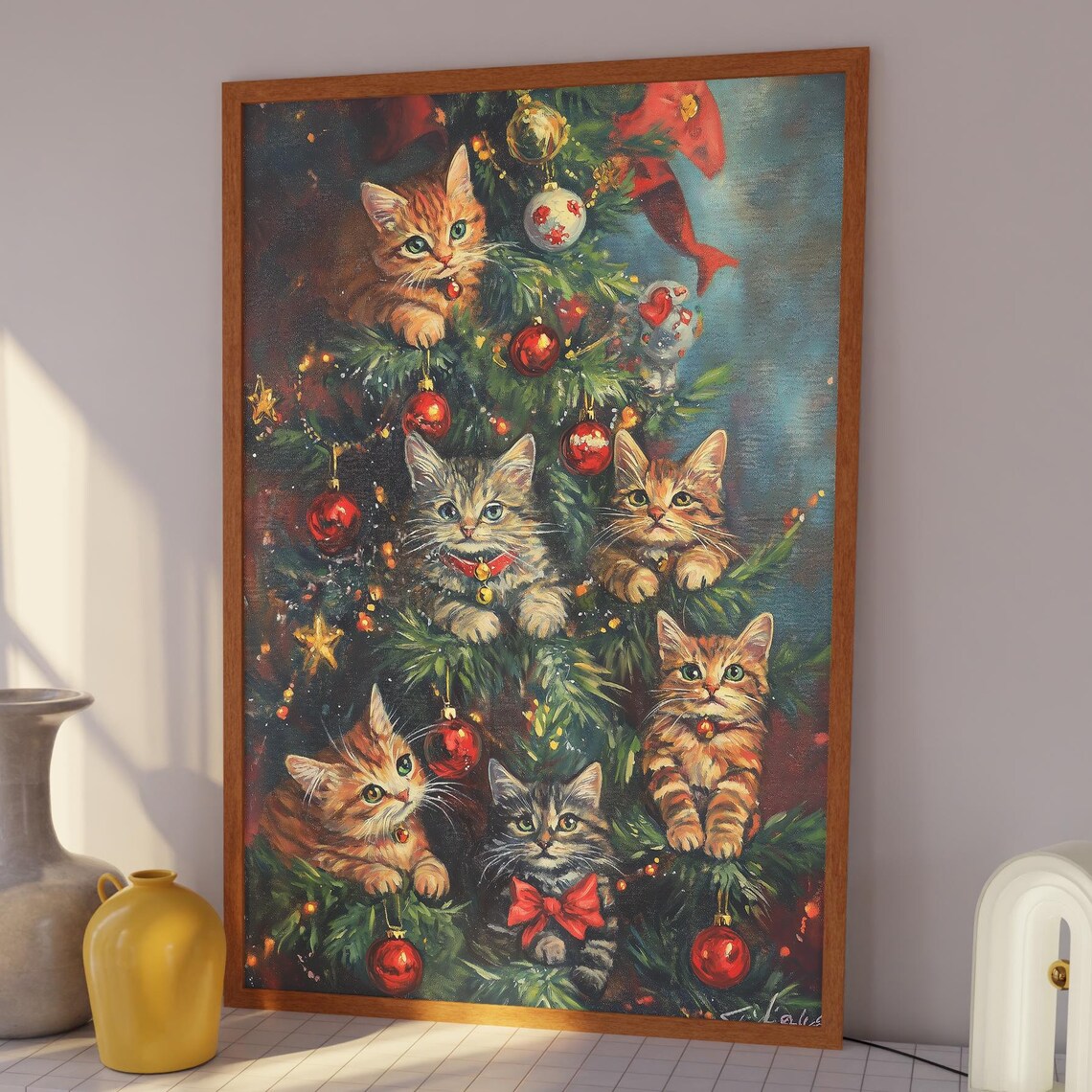 Vintage Kittens in Christmas Tree Holiday Ornaments Wall Art