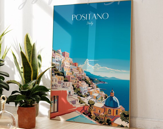 Positano Italy Vintage Travel Poster Amalfi Coast Cliffside Scene