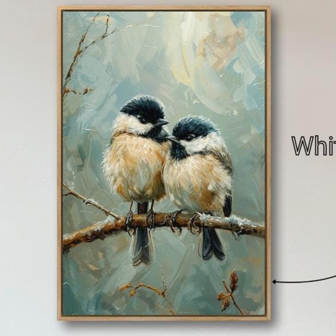 Charming Chickadees on Tree Branch, Winter Bird Art Print