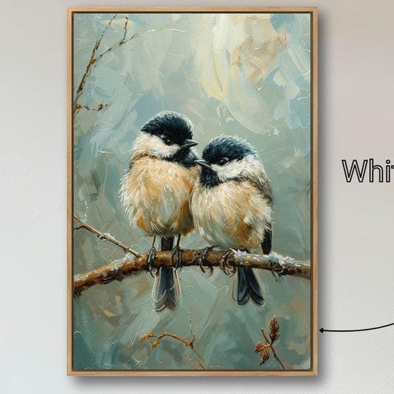 Charming Chickadees on Tree Branch, Winter Bird Art Print