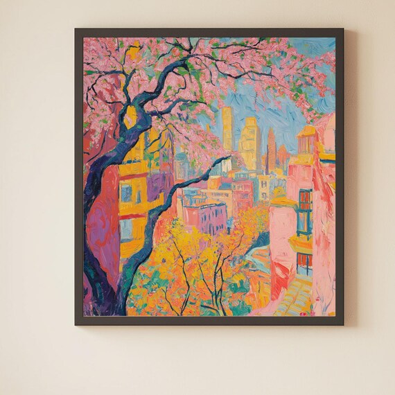 Cityscape With Cherry Blossoms Fauvist Urban Spring Scene Poster