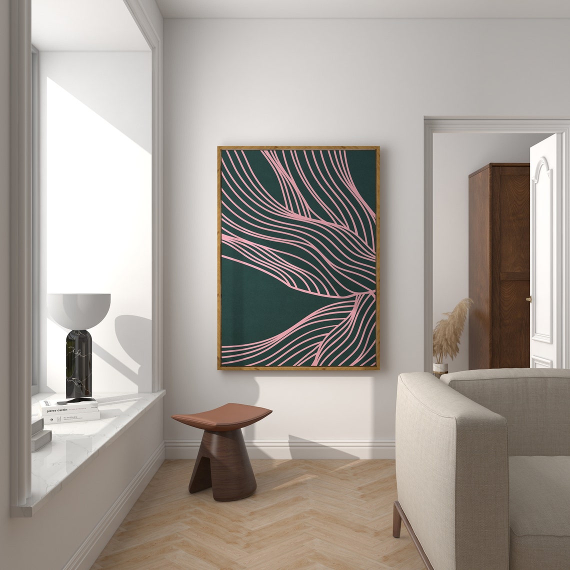Emerald Pink Flowing Ribbon Lines Organic Modern Abstract Wall Art - Image 3