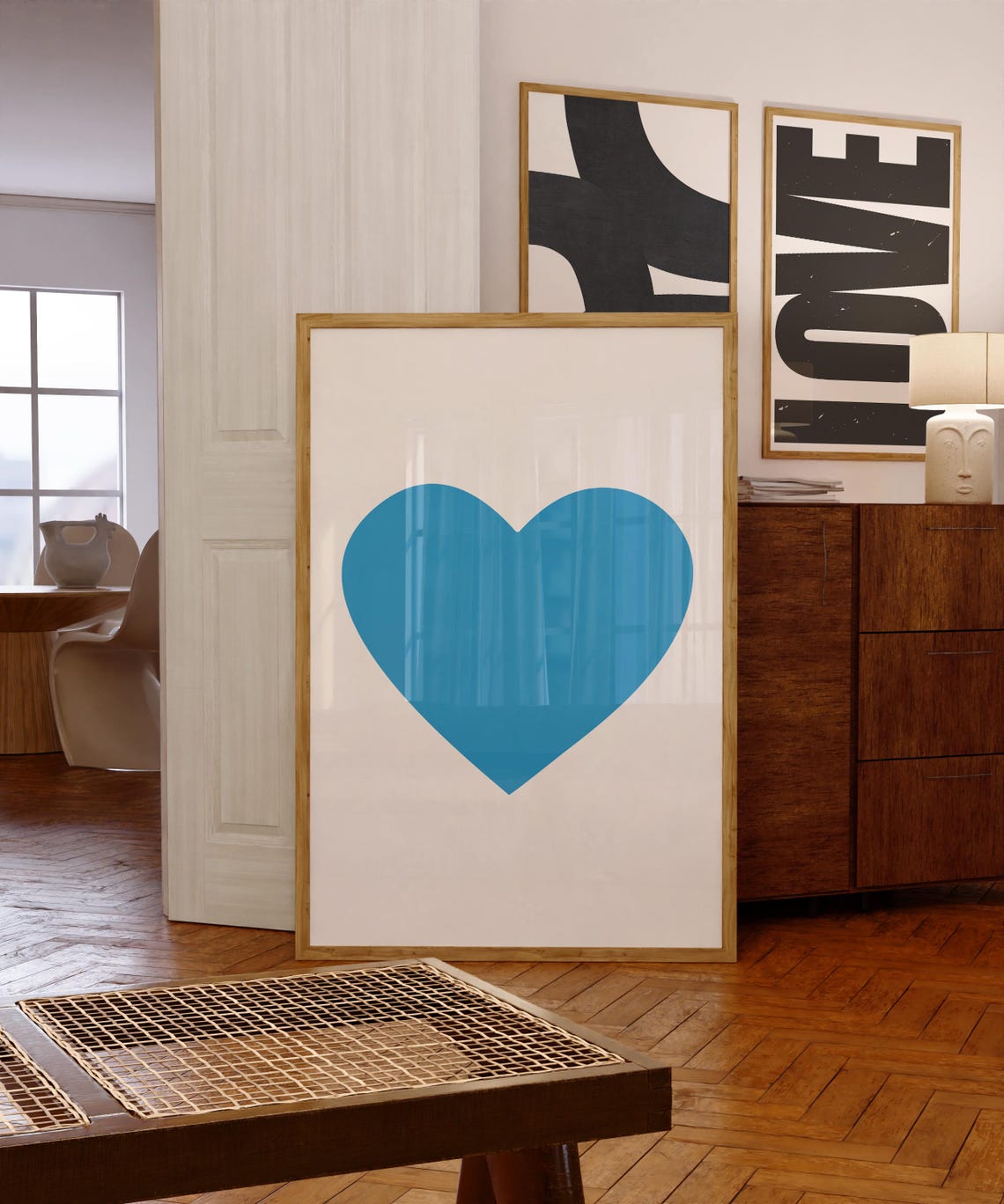 Minimalist Light Blue Heart Shape Mid Century Modern Art Poster