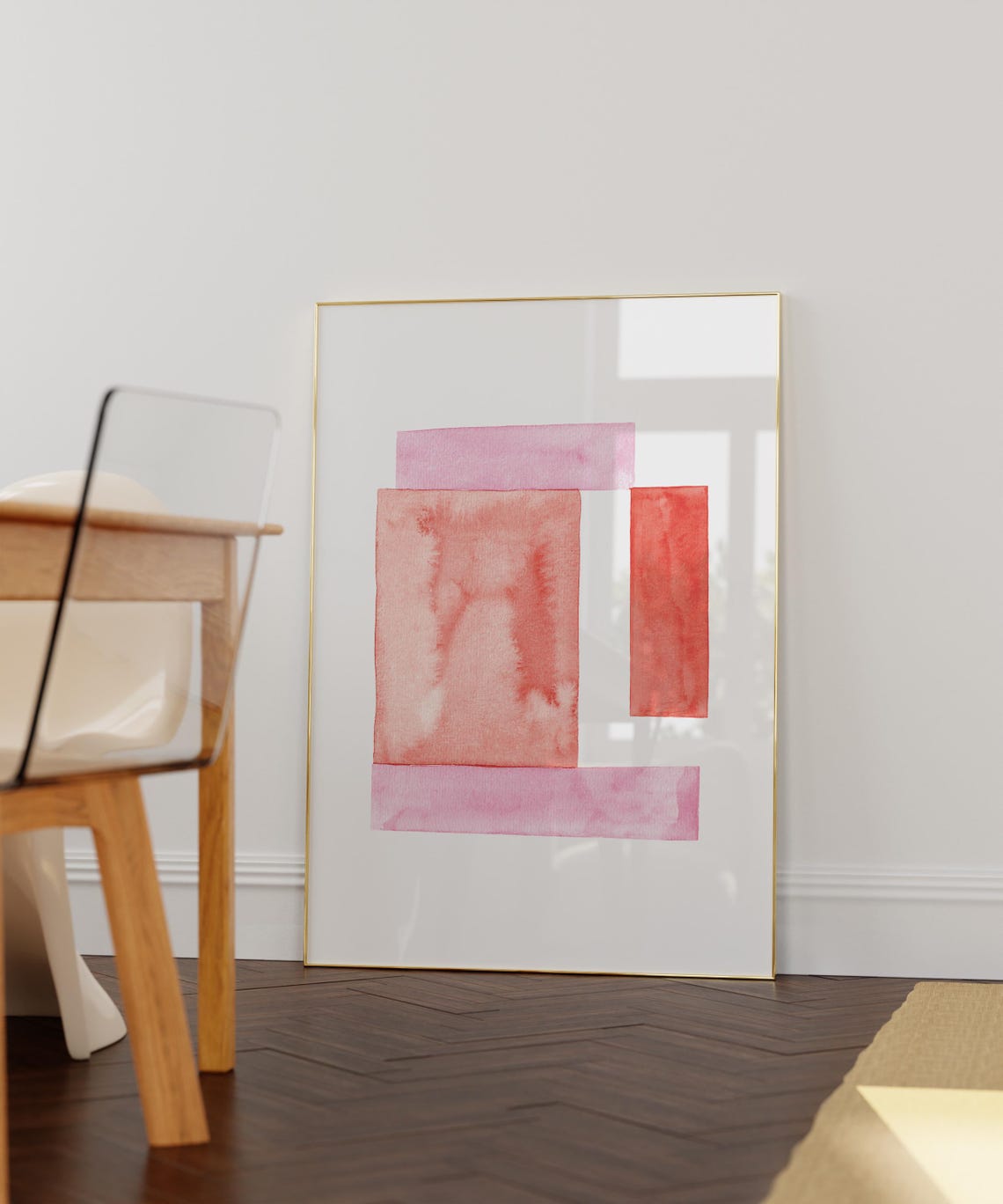 Watercolor Pink Red Geometric Blocks Abstract Composition Poster