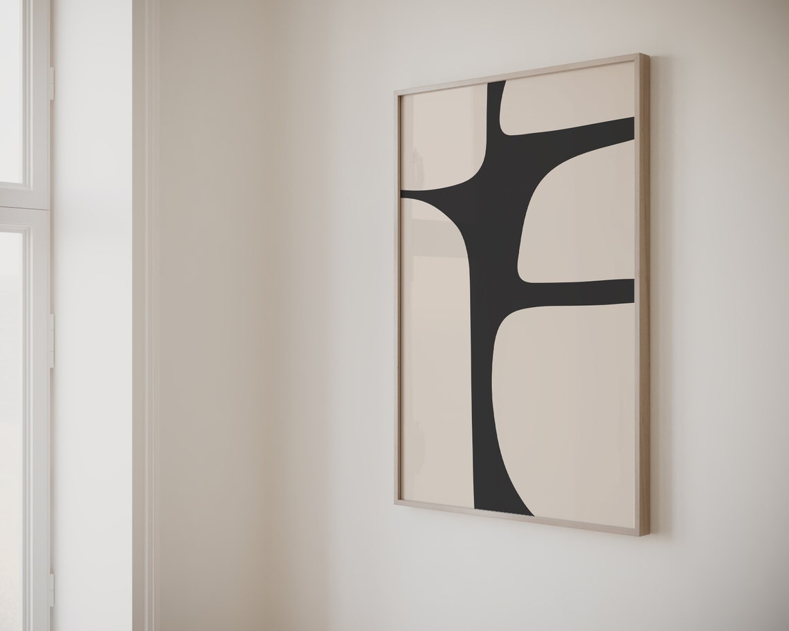 Black Organic Shapes on Warm Beige Mid Century Abstract Wall Art - Image 2