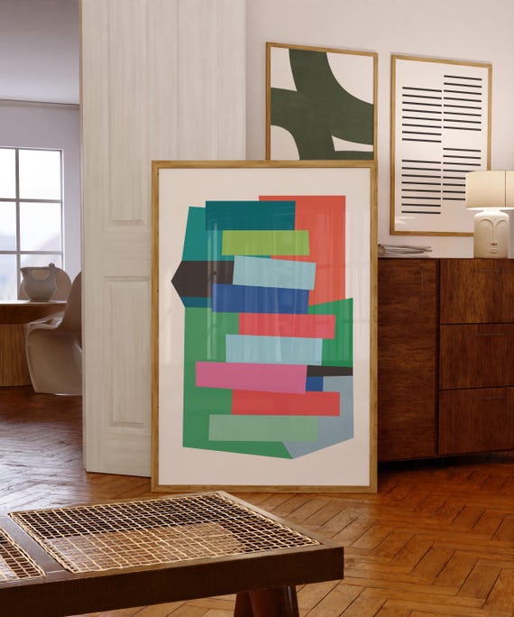 Modern Minimalistic Midcentury Green Pink Blue Shapes Harmony Wall Art Retro Simple Art Print Bold Modern Art Instant