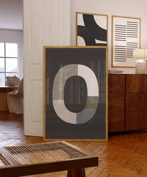 Modern Mid Century Green Grey White Soft Black Minimalist Art Poster Contemporary Painting Geometric Shape Art