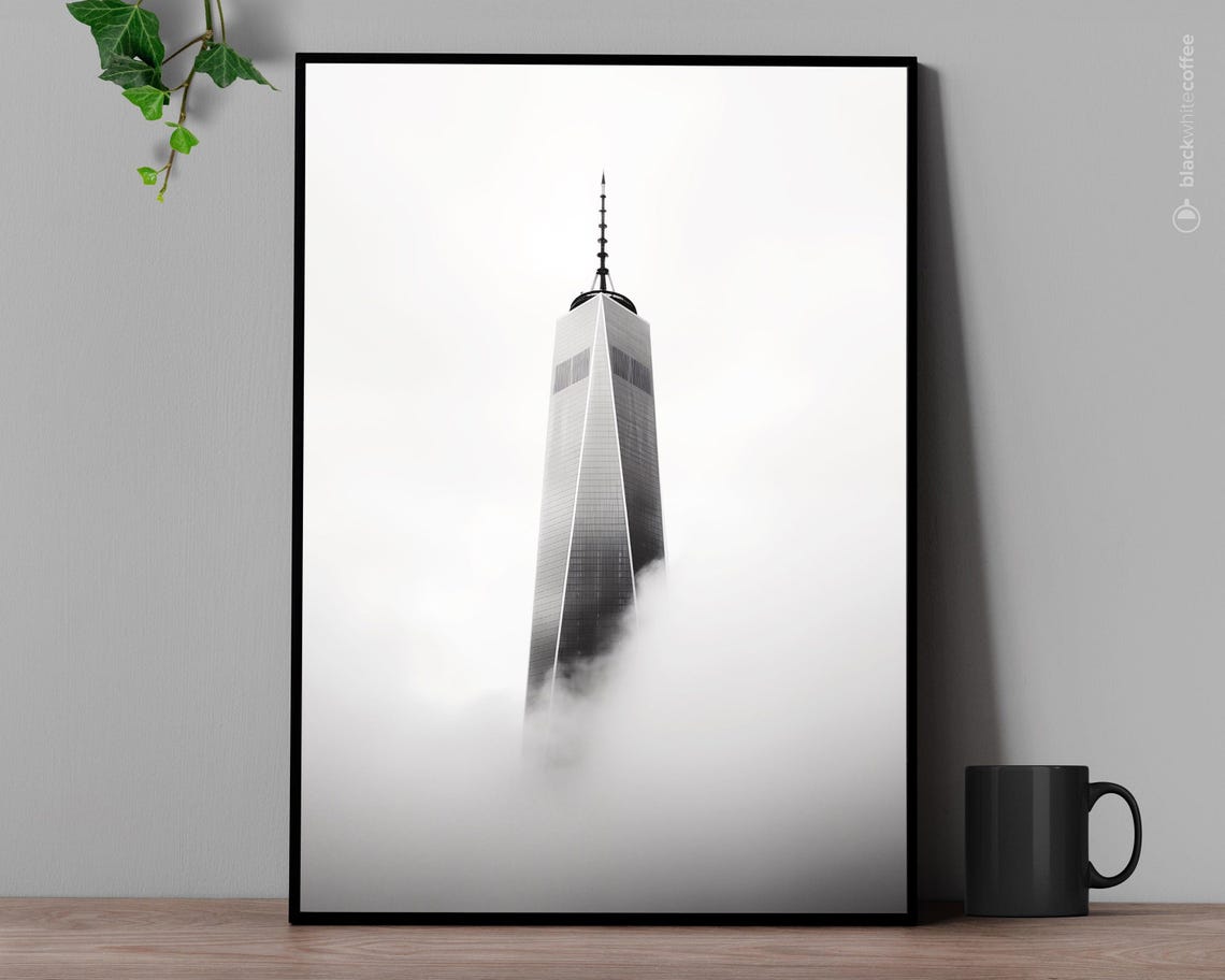 World Trade Center Tower Above Clouds Black White Photo Poster