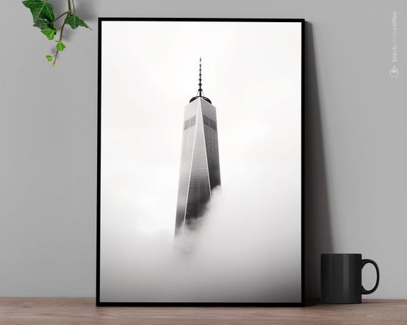 World Trade Center Tower Above Clouds Black White Photo Poster