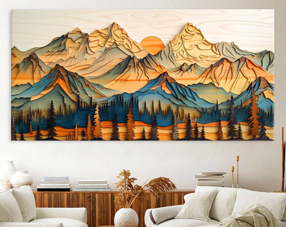 Layered Blue Orange Peaks White Sun Pines Wood Grain Art Poster