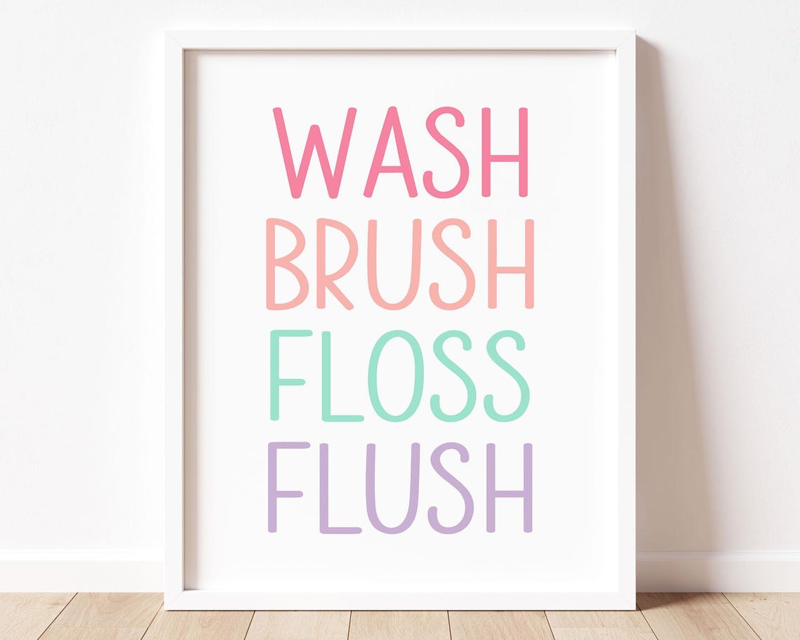 Wash Brush Floss Flush Pastel Bathroom Sign Kids Hygiene Rules Poster - Image 4