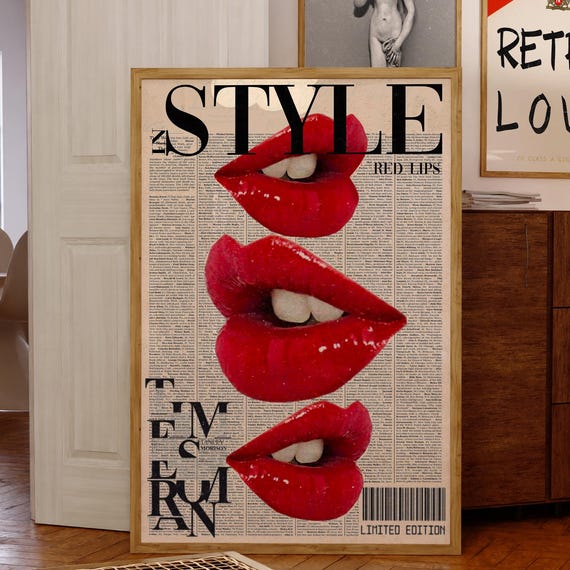 Fashion Magazine Wall Art Red Lips Pop Poster Vintage Newspaper Print Retro Glam Decor For Bedroom Or Vanity
