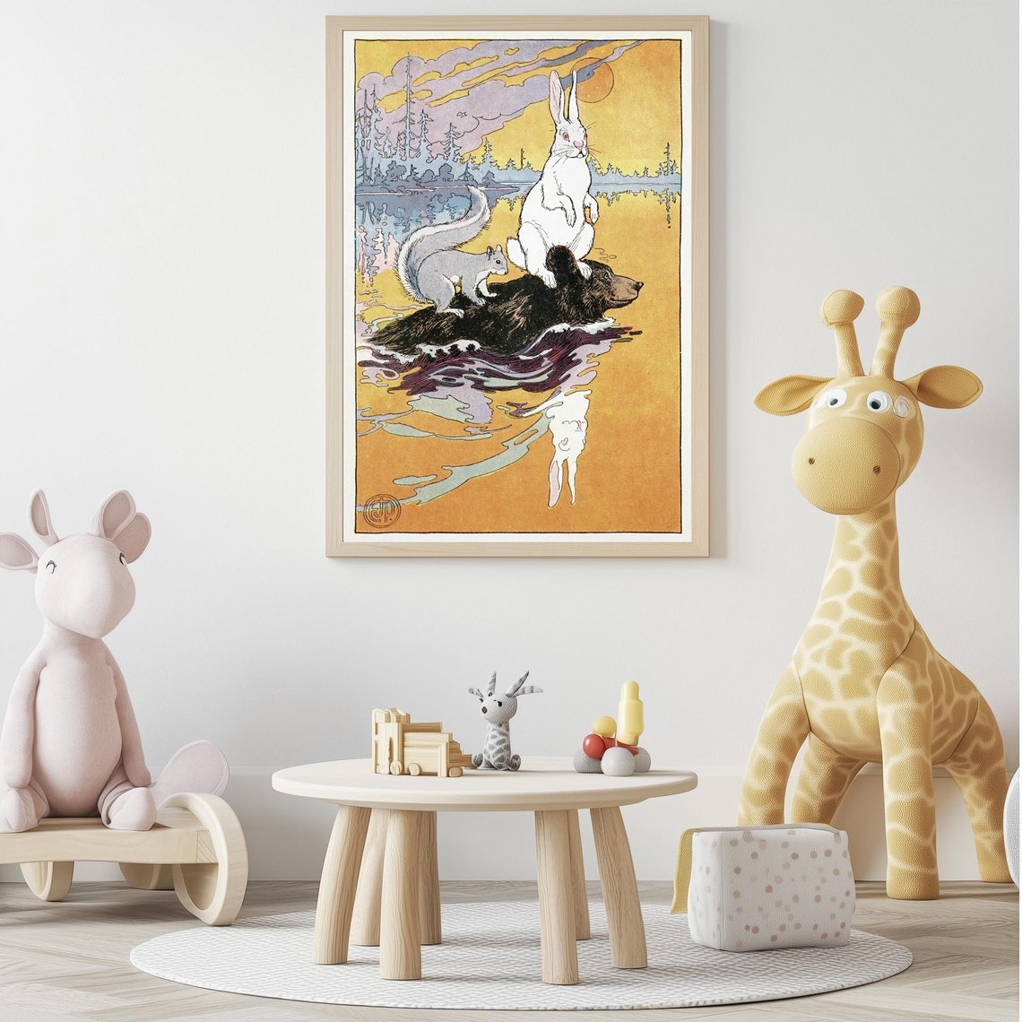 White Rabbit Riding Bear Vintage Storybook Nursery Art Poster - Image 2