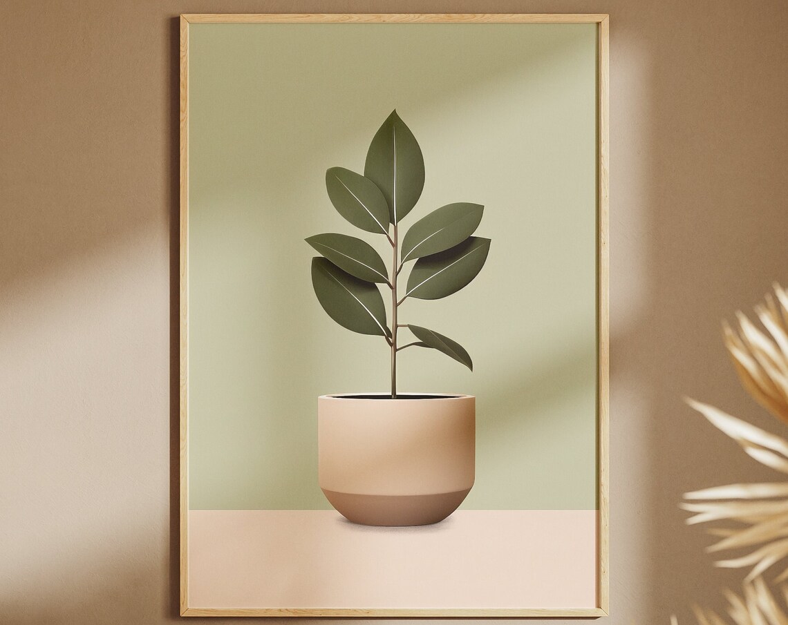 Minimalist Leafy Plant Beige Pot Olive Green Modern Wall Art Print