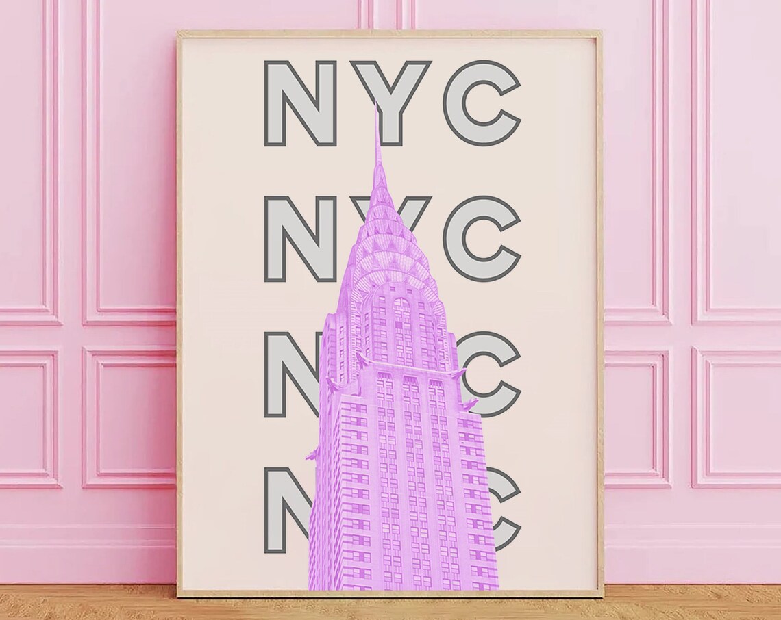 New York Retro Travel Poster, Trendy Pink Green