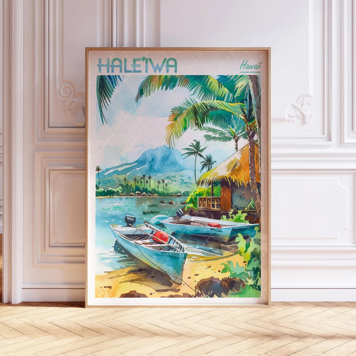 Haleiwa Watercolor Travel Poster, Honolulu Hawaii