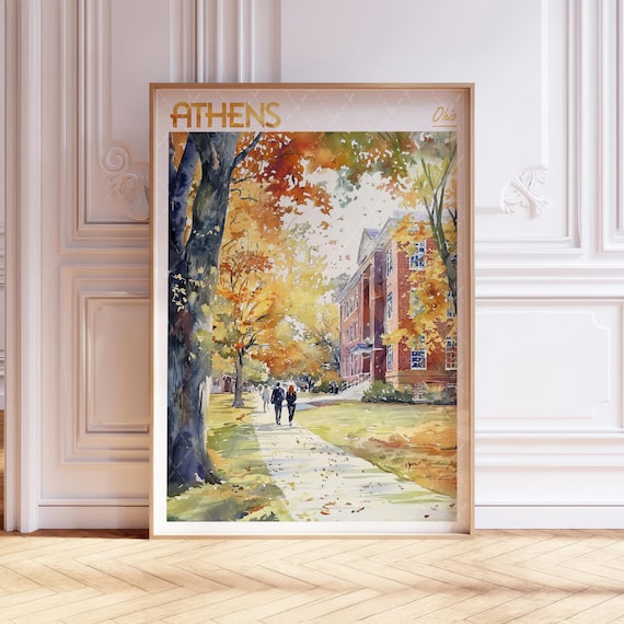 Historic Athens Ohio Autumn Campus Watercolor College Poster