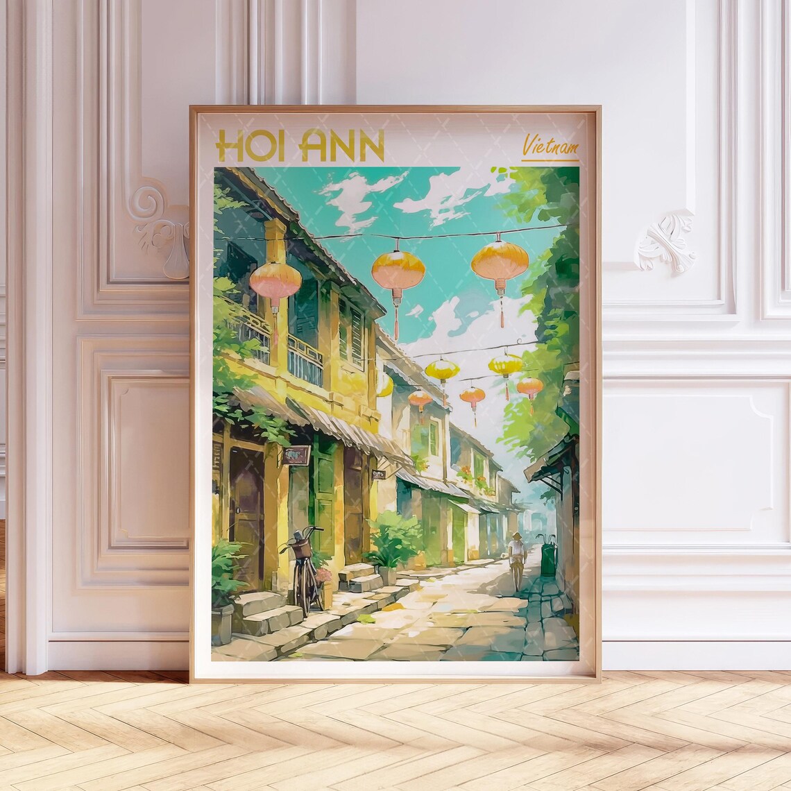 Hoi Ann Vietnam Watercolor Travel Poster Lantern Street Bicycles Art