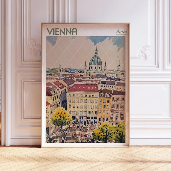 Vienna Austria Historic Old Town Watercolor Skyline Travel Poster