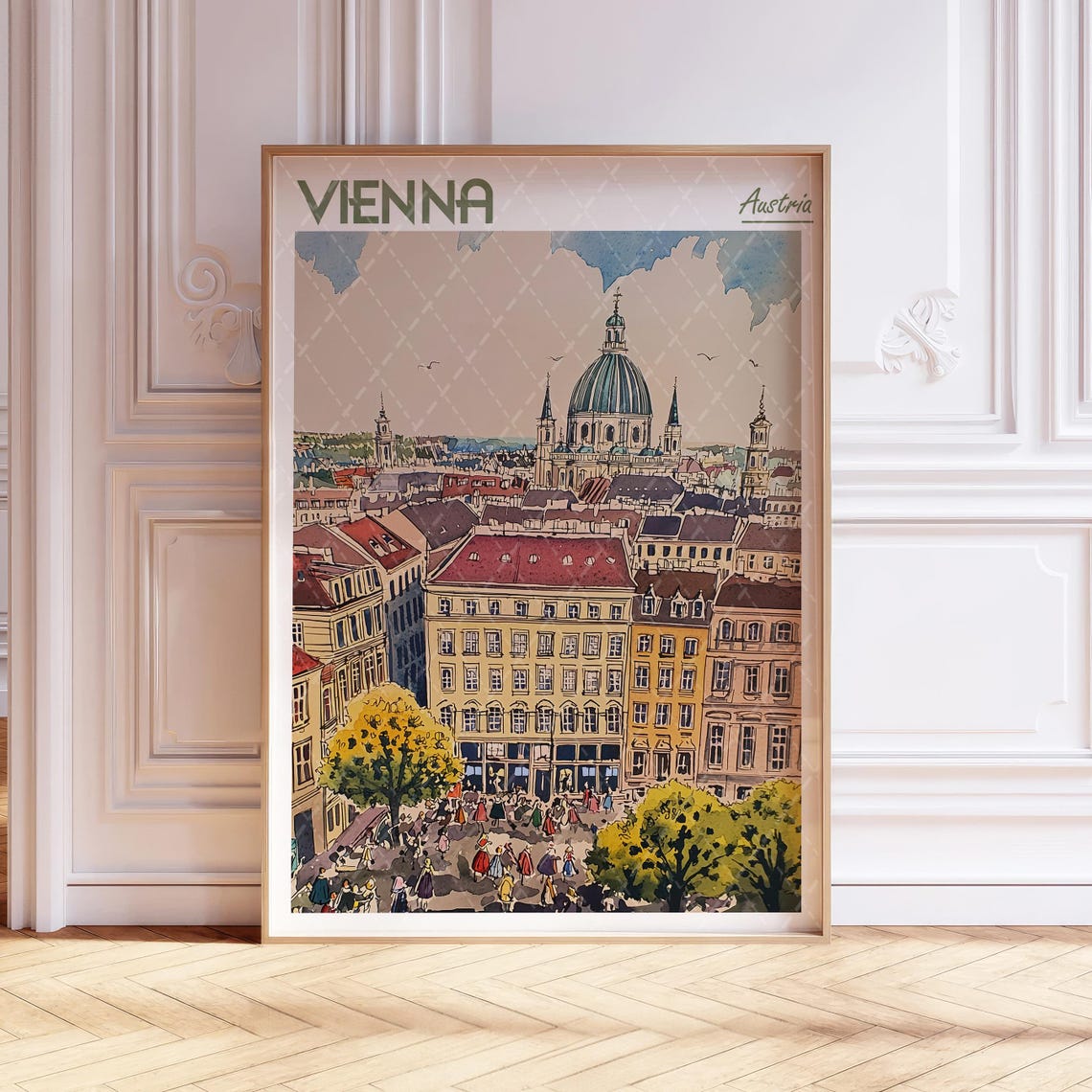 Vienna Austria Historic Old Town Watercolor Skyline Travel Poster