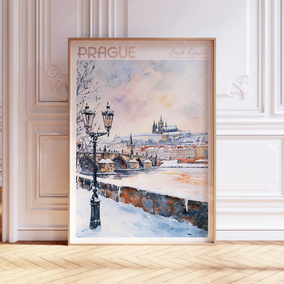 Prague Watercolor Travel Poster, Czech Republic
