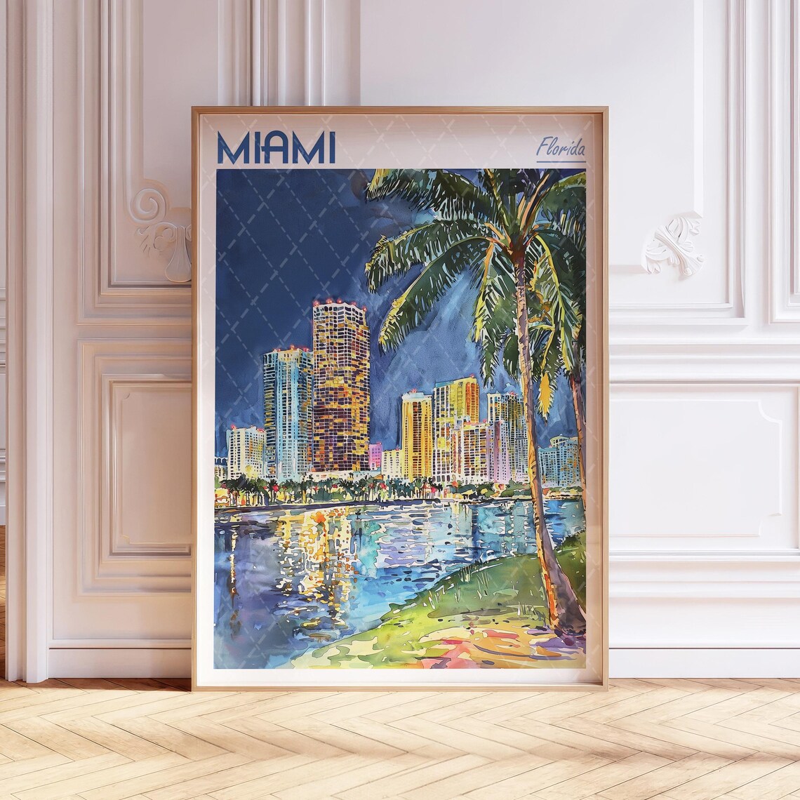 Miami Downtown Florida Night Skyline Palm Watercolor Travel Poster