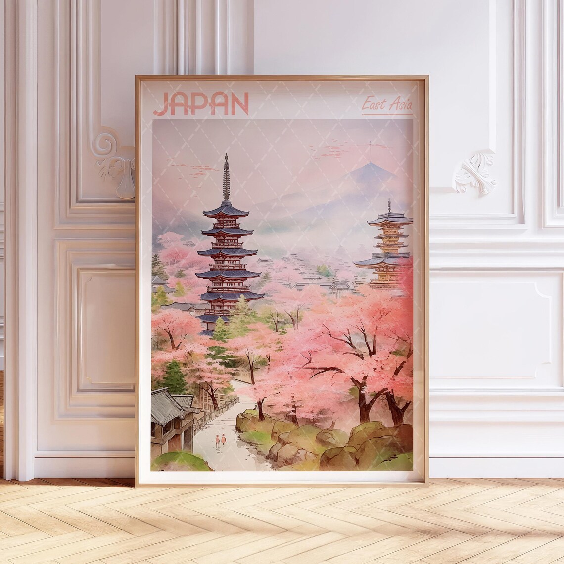 Kyoto Japan Cherry Blossom Pagoda Watercolor Travel Poster Spring