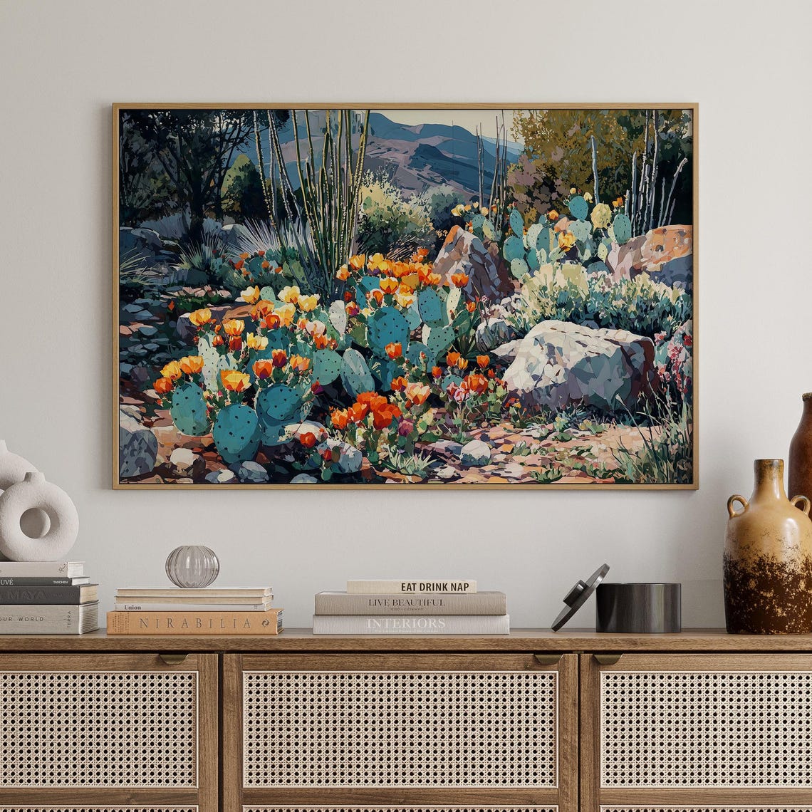 Desert Cactus Garden Blooming Spring Wildflowers Landscape Poster