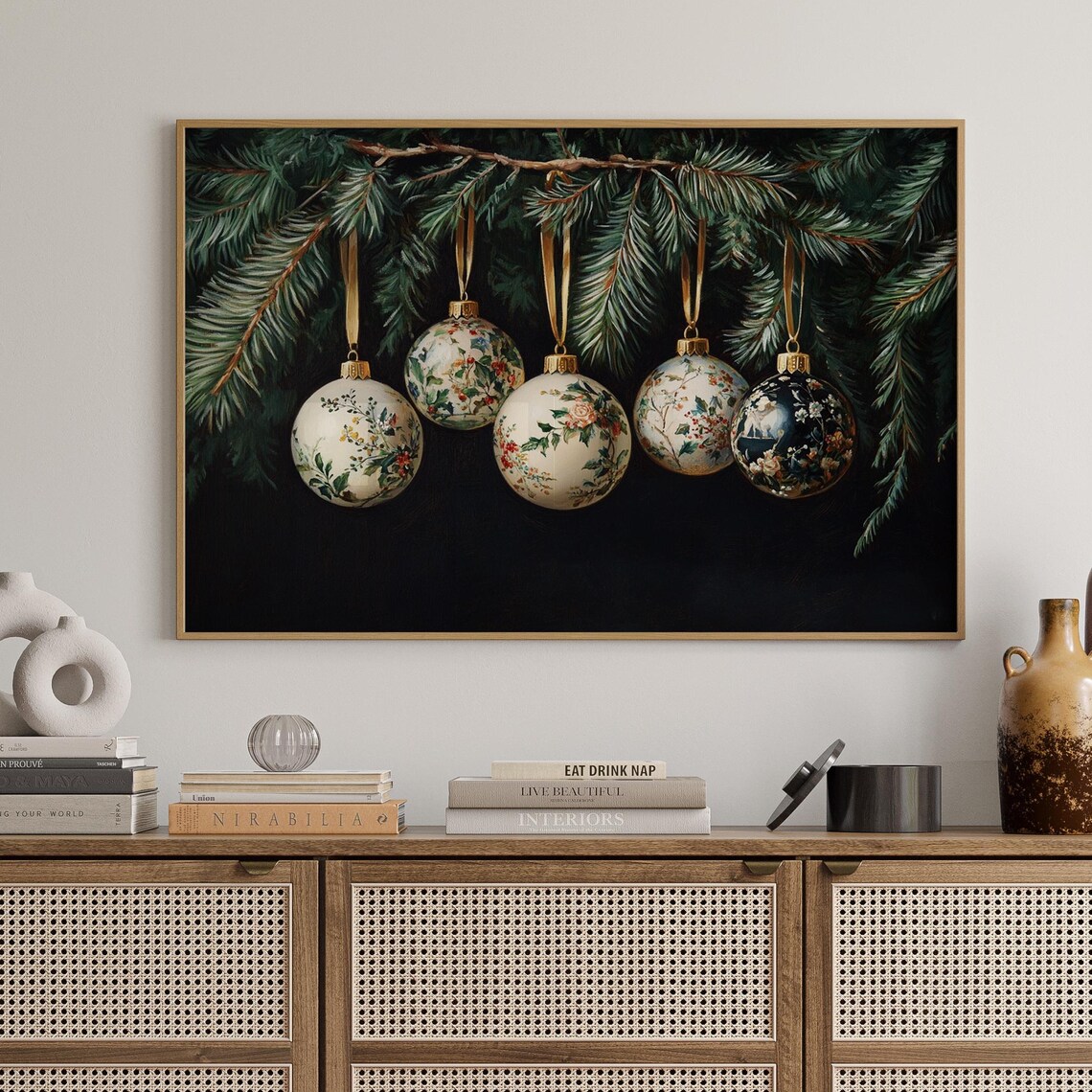 Vintage Porcelain Christmas Baubles Pine Branch Holiday Poster