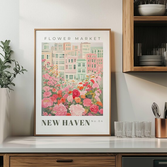 Flower Market New Haven Pastel Floral Cityscape Botanical Art Wall Poster