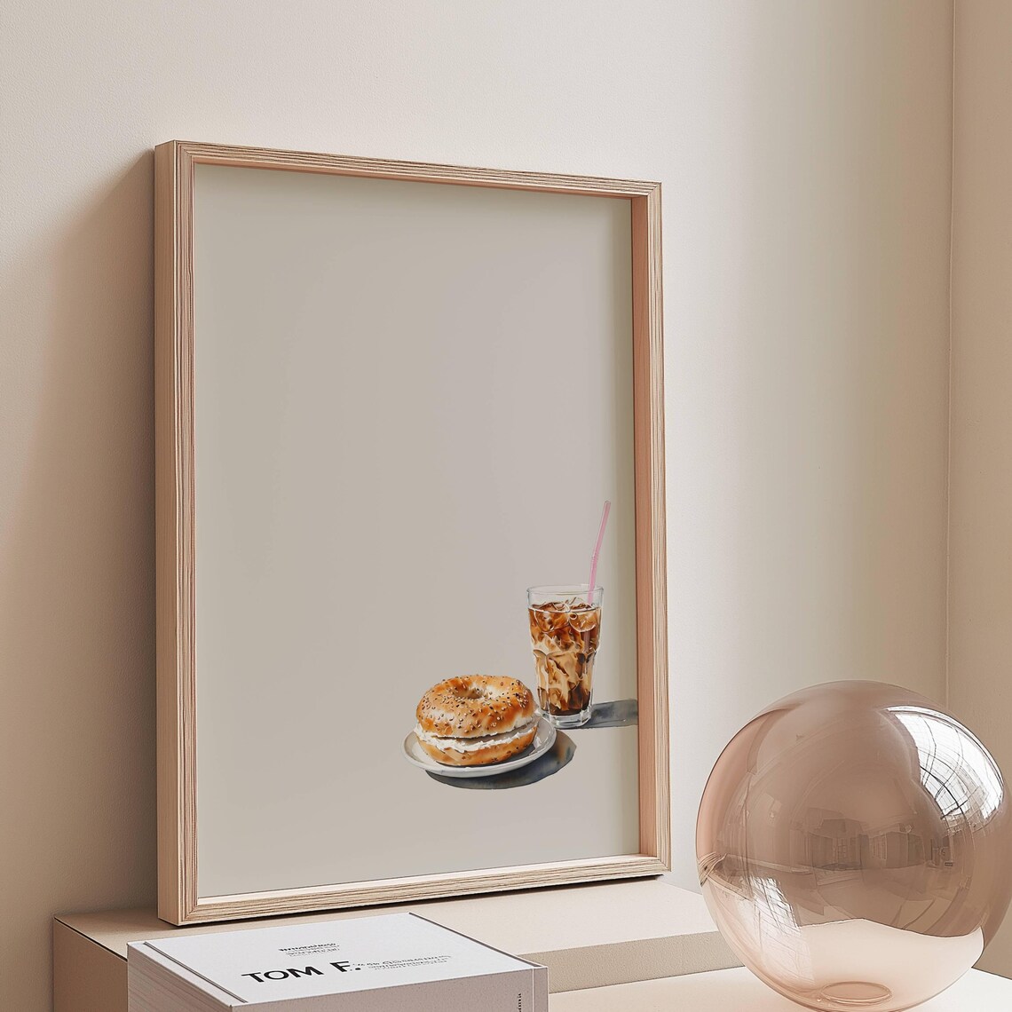 Iced Coffee And Bagel, Minimalist Breakfast Art Print