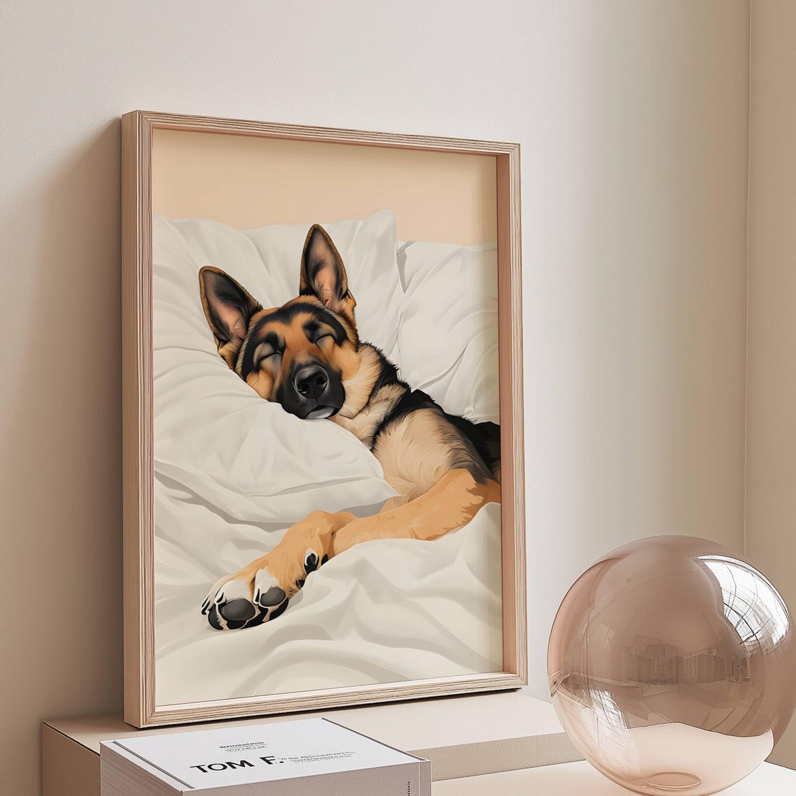 German Shepherd Sleeping Dog White Bed Peaceful Rest Pet Poster