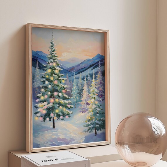 Pastel Snowy Christmas Village Whimsical Winter Wonderland Holiday Poster