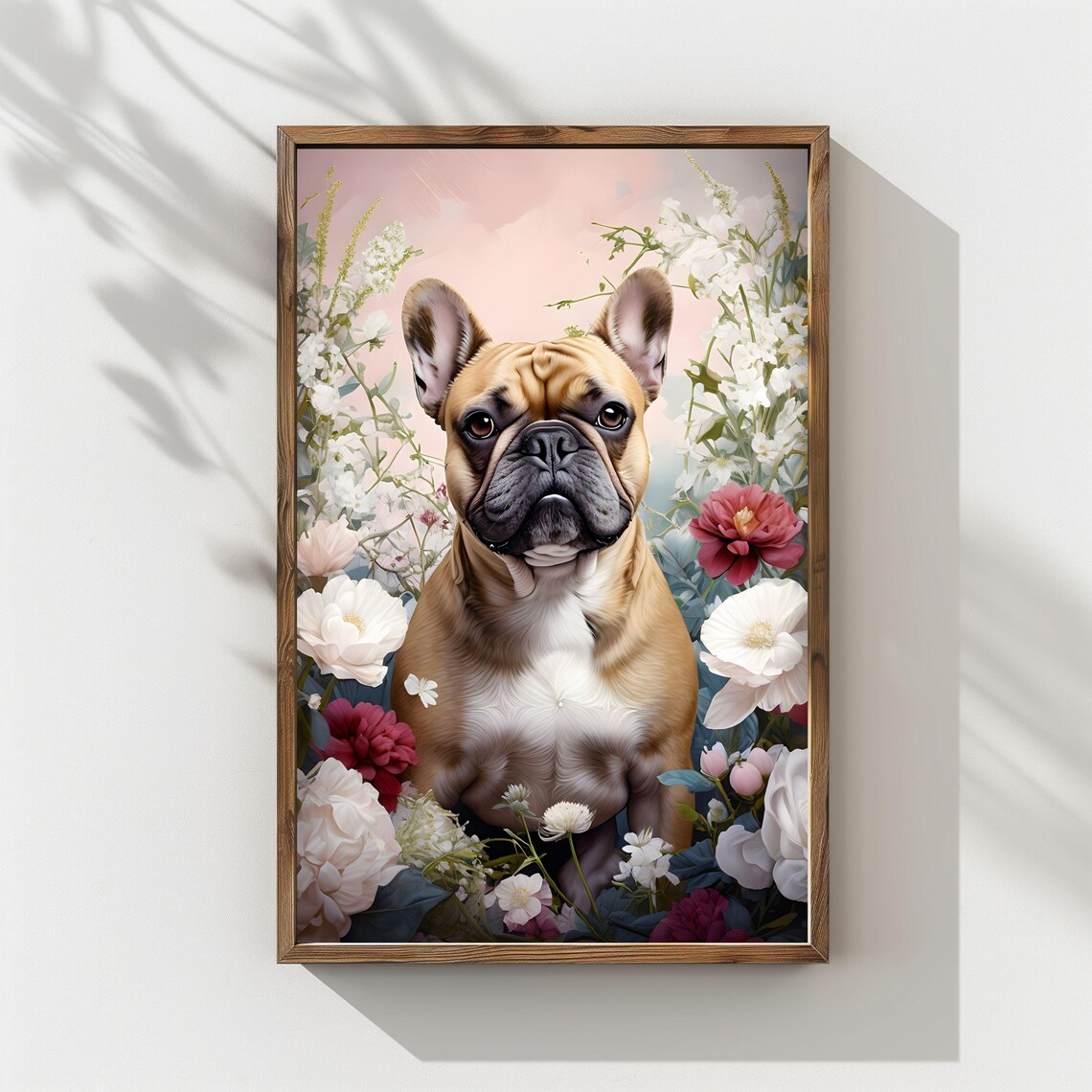 French Bulldog Among White Blush Flowers Floral Dog Portrait Poster