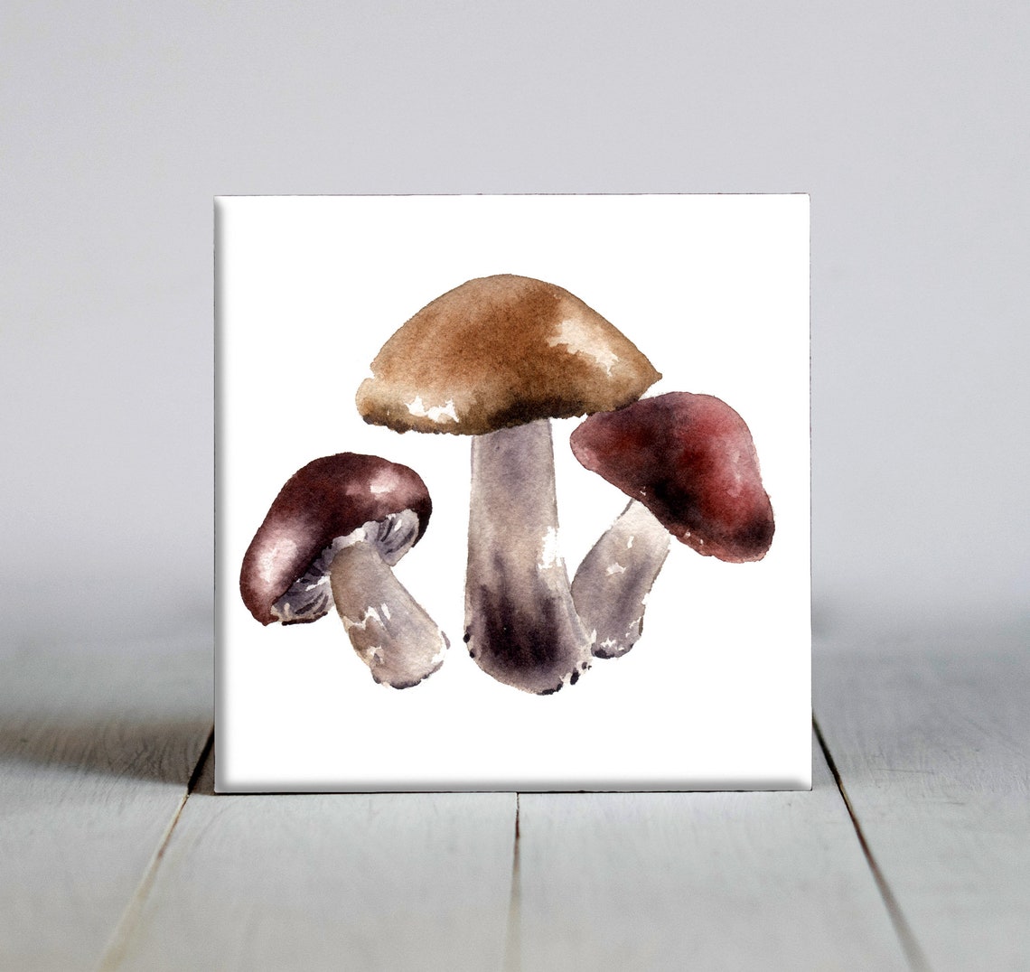 Three Earthy Wild Mushrooms Watercolor Forest Floor Nature Tile Poster